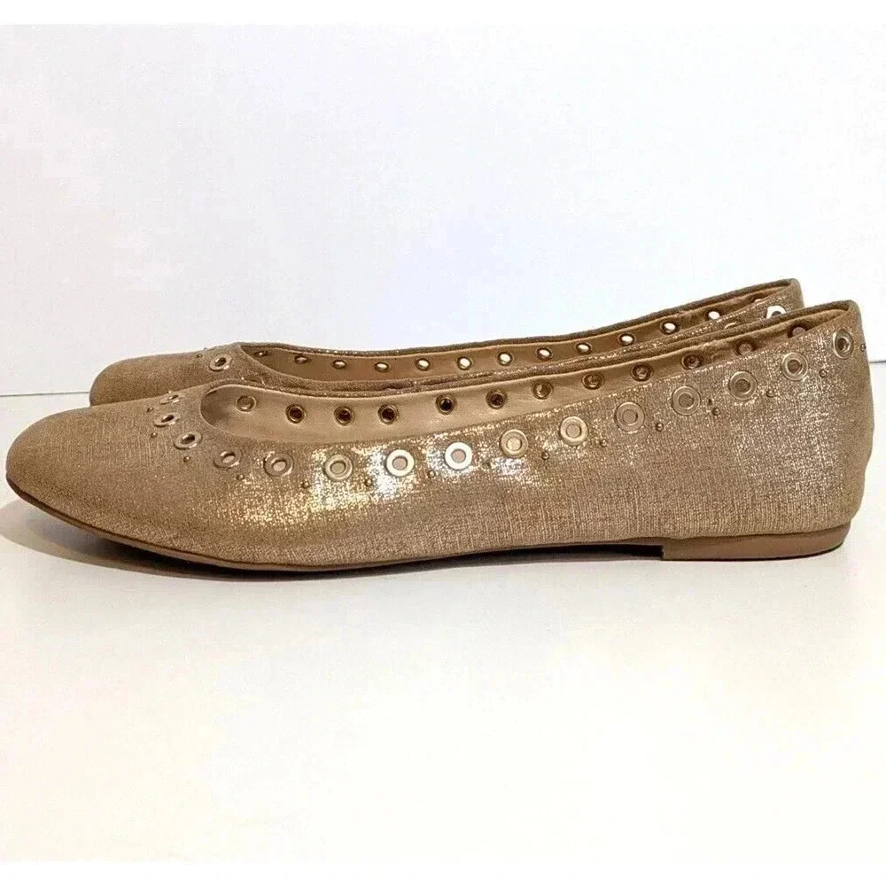 Studio Isola Metallic Gold Jacey Ballet Flats Size 7.5 Grommet Stud Details